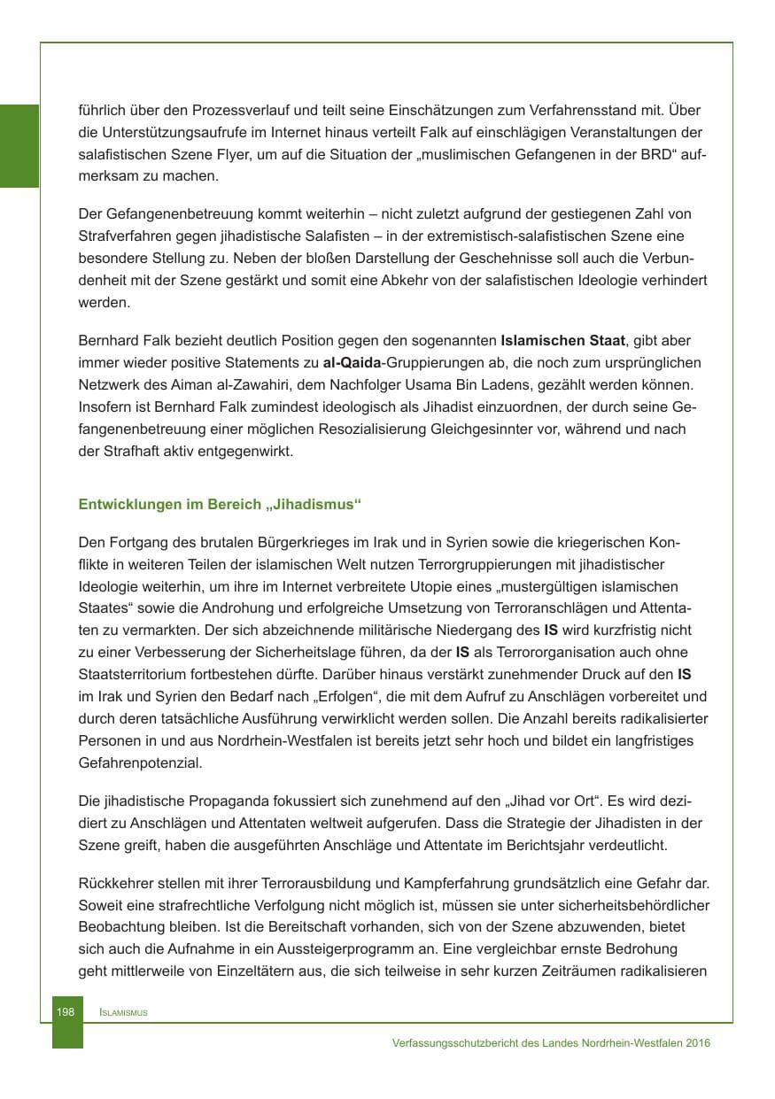 Seite 199 des Verfassungsschutzbericht 2016 Nordrhein-Westfalen