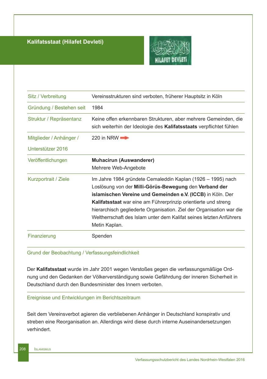 Seite 209 des Verfassungsschutzbericht 2016 Nordrhein-Westfalen