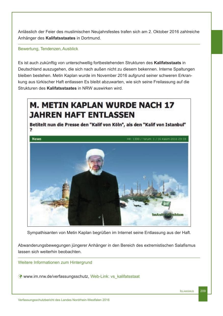 Seite 210 des Verfassungsschutzbericht 2016 Nordrhein-Westfalen