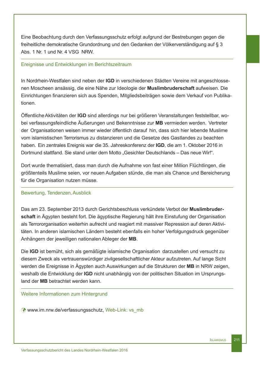 Seite 212 des Verfassungsschutzbericht 2016 Nordrhein-Westfalen