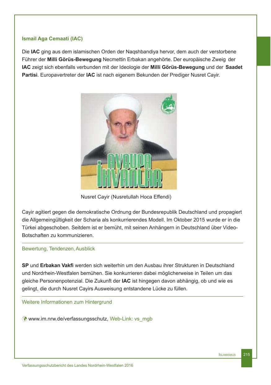 Seite 216 des Verfassungsschutzbericht 2016 Nordrhein-Westfalen