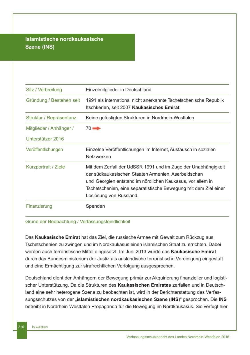 Seite 217 des Verfassungsschutzbericht 2016 Nordrhein-Westfalen