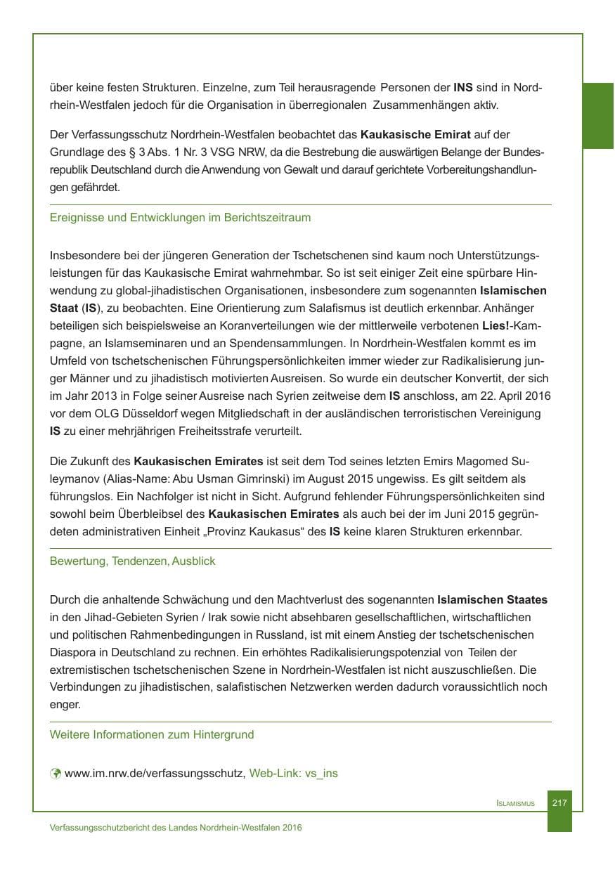 Seite 218 des Verfassungsschutzbericht 2016 Nordrhein-Westfalen