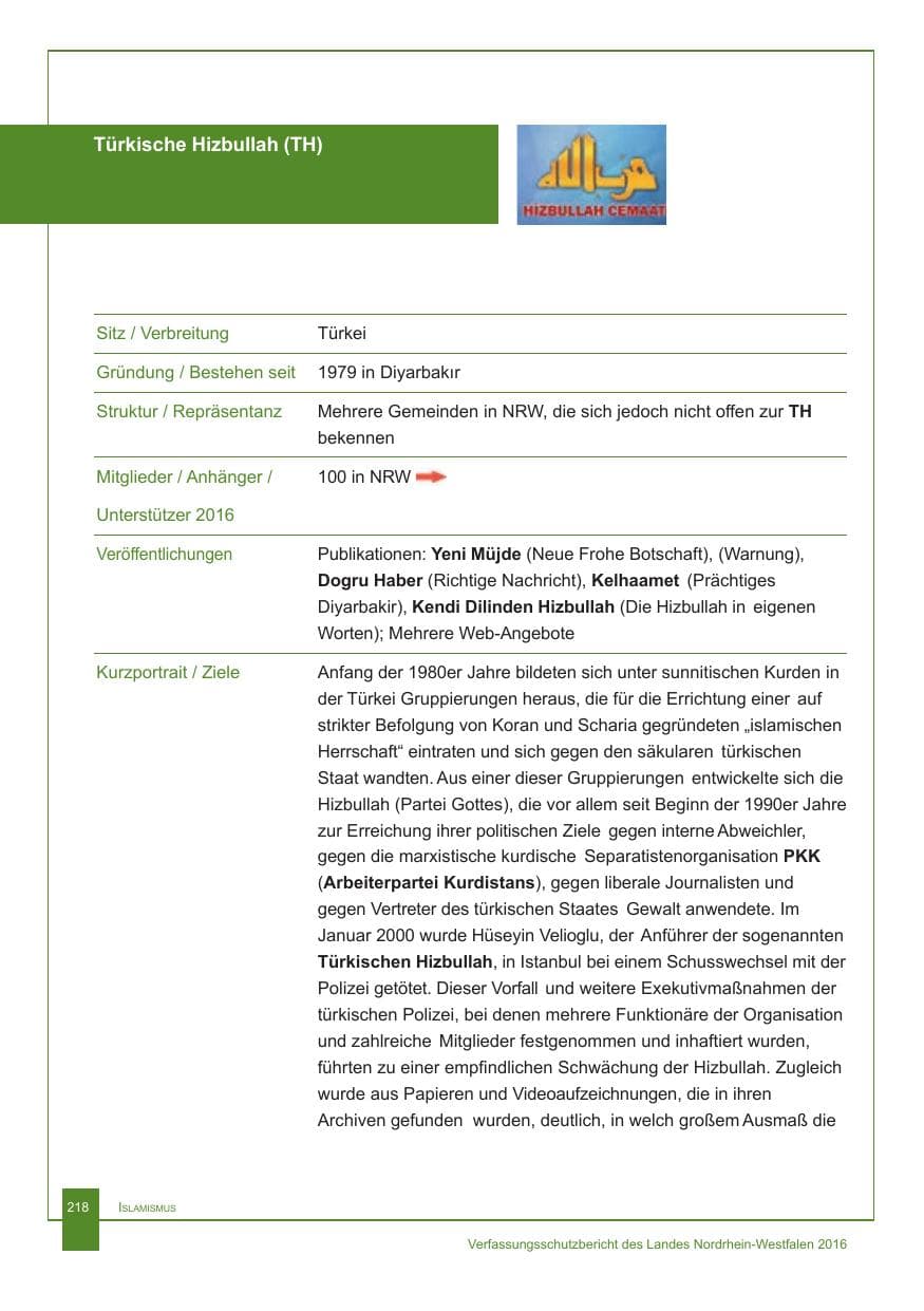 Seite 219 des Verfassungsschutzbericht 2016 Nordrhein-Westfalen
