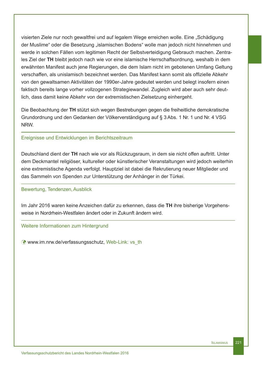 Seite 222 des Verfassungsschutzbericht 2016 Nordrhein-Westfalen