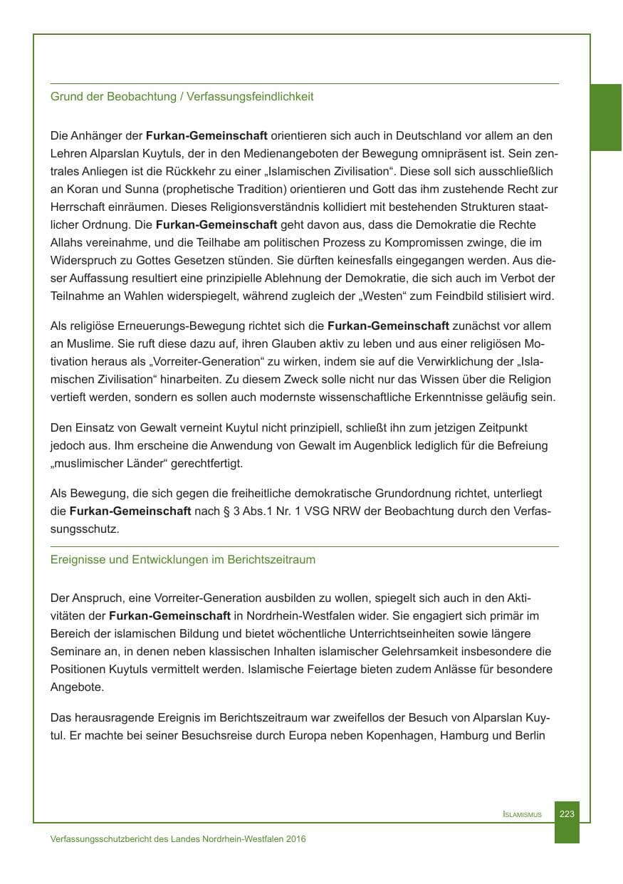 Seite 224 des Verfassungsschutzbericht 2016 Nordrhein-Westfalen