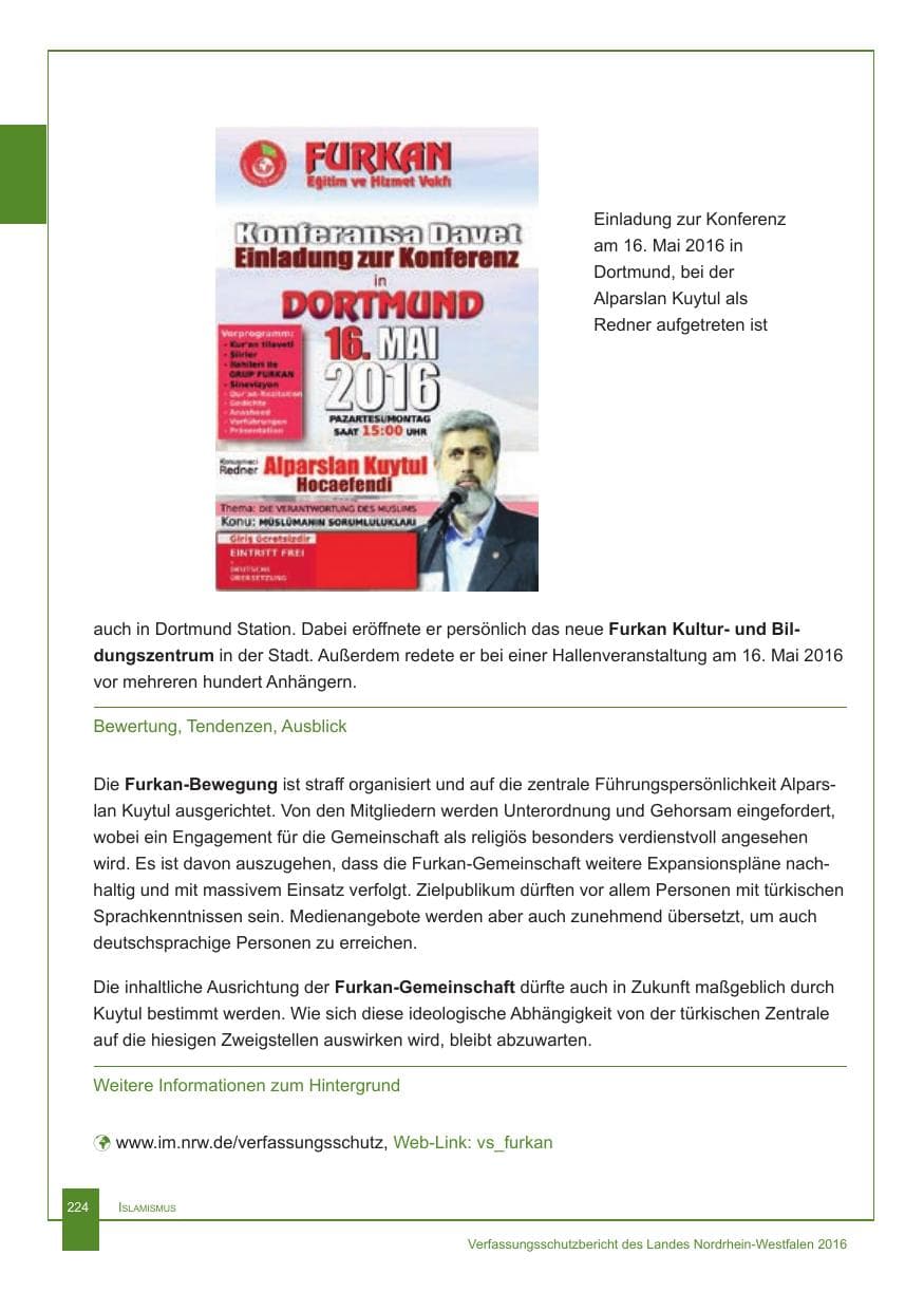 Seite 225 des Verfassungsschutzbericht 2016 Nordrhein-Westfalen