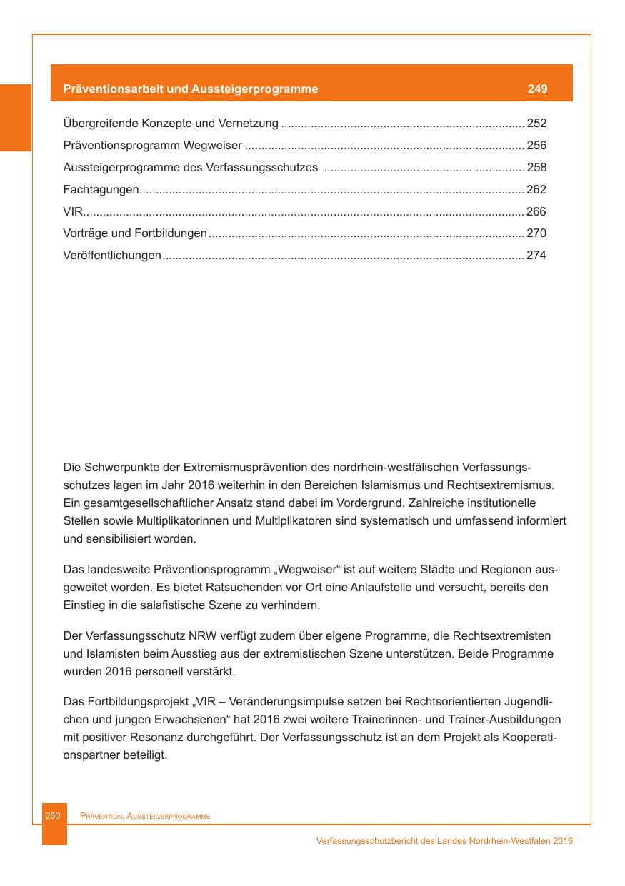 Seite 251 des Verfassungsschutzbericht 2016 Nordrhein-Westfalen