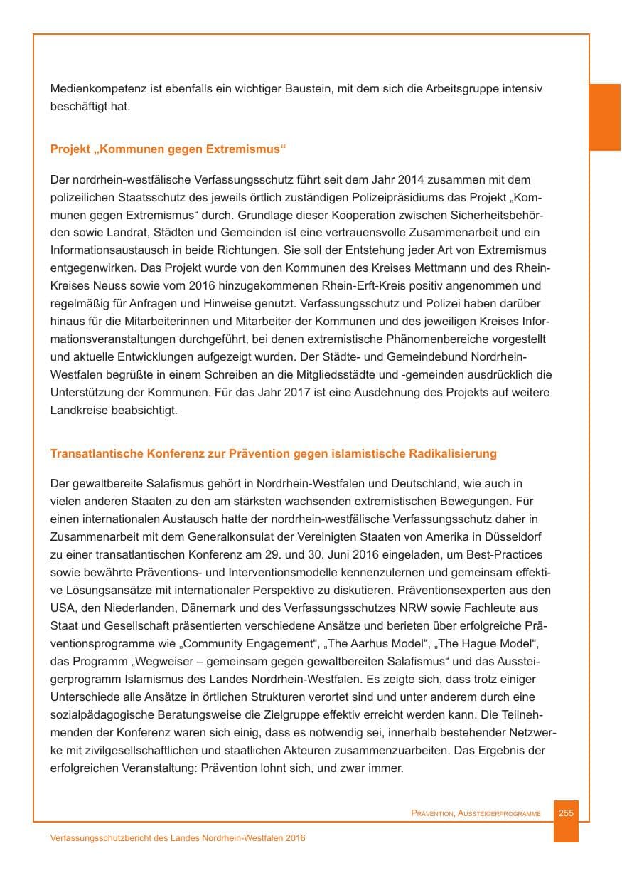 Seite 256 des Verfassungsschutzbericht 2016 Nordrhein-Westfalen