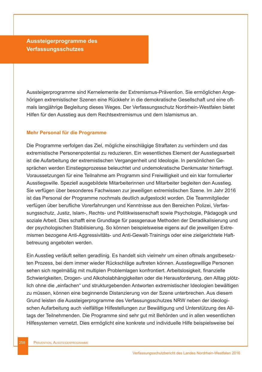 Seite 259 des Verfassungsschutzbericht 2016 Nordrhein-Westfalen