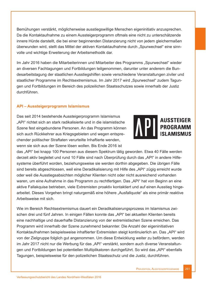 Seite 262 des Verfassungsschutzbericht 2016 Nordrhein-Westfalen