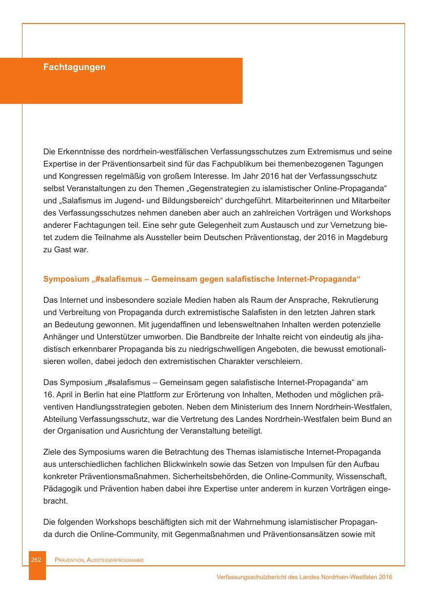 Seite 263 des Verfassungsschutzbericht 2016 Nordrhein-Westfalen