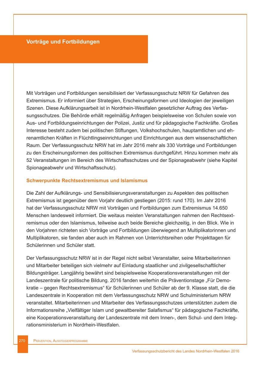 Seite 271 des Verfassungsschutzbericht 2016 Nordrhein-Westfalen
