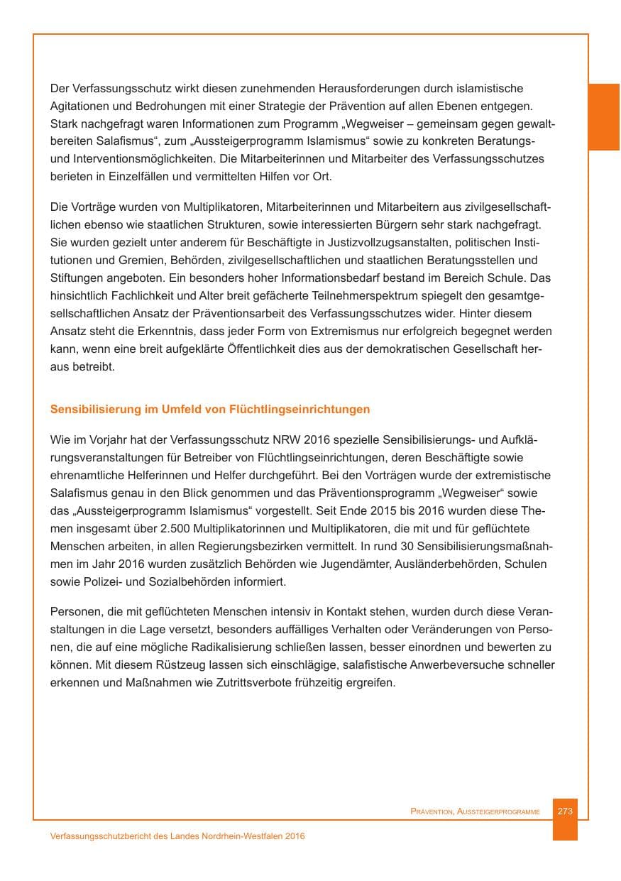 Seite 274 des Verfassungsschutzbericht 2016 Nordrhein-Westfalen