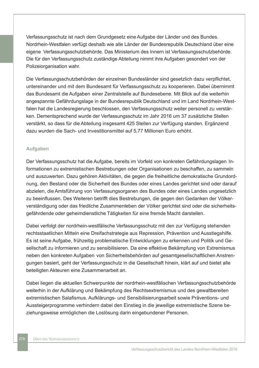 Seite 279 des Verfassungsschutzbericht 2016 Nordrhein-Westfalen
