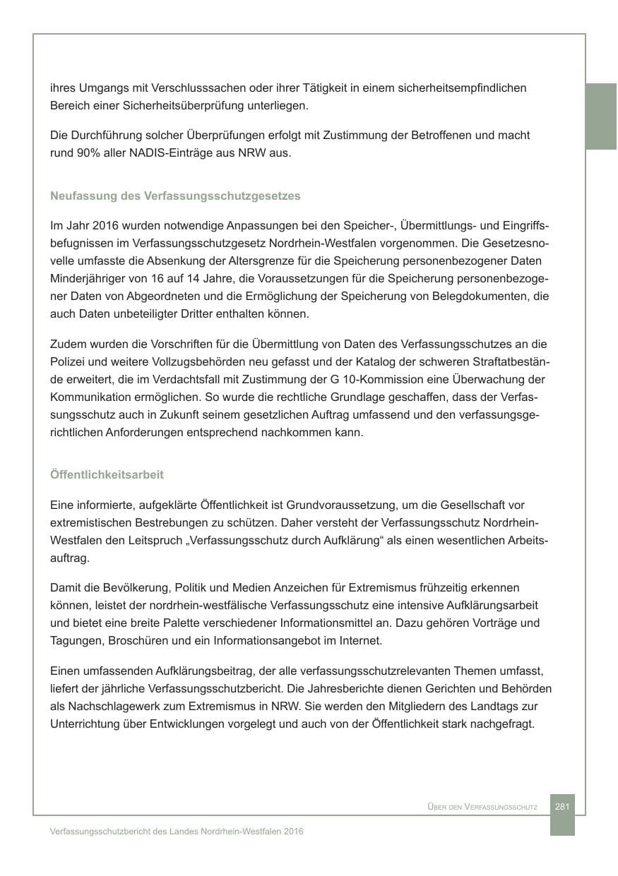 Seite 282 des Verfassungsschutzbericht 2016 Nordrhein-Westfalen