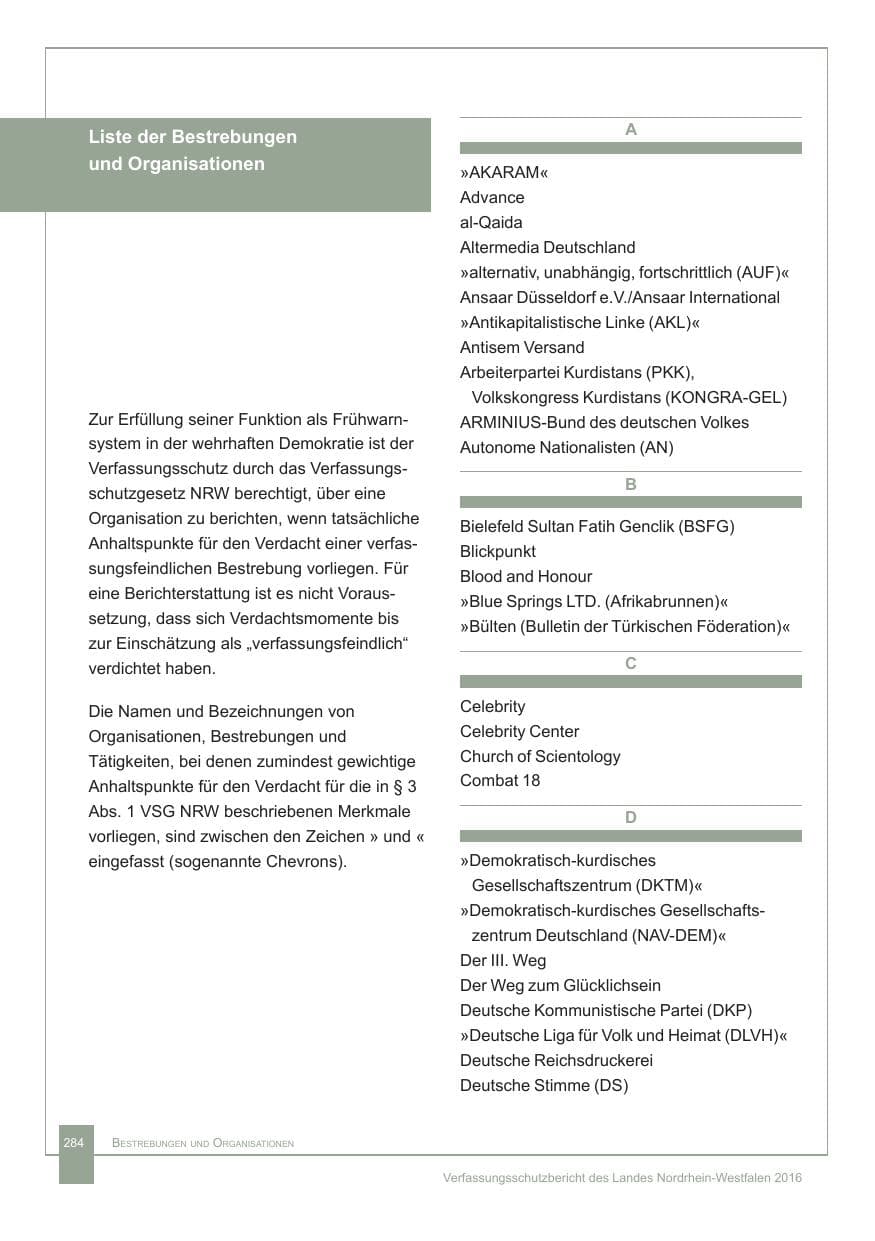Seite 285 des Verfassungsschutzbericht 2016 Nordrhein-Westfalen