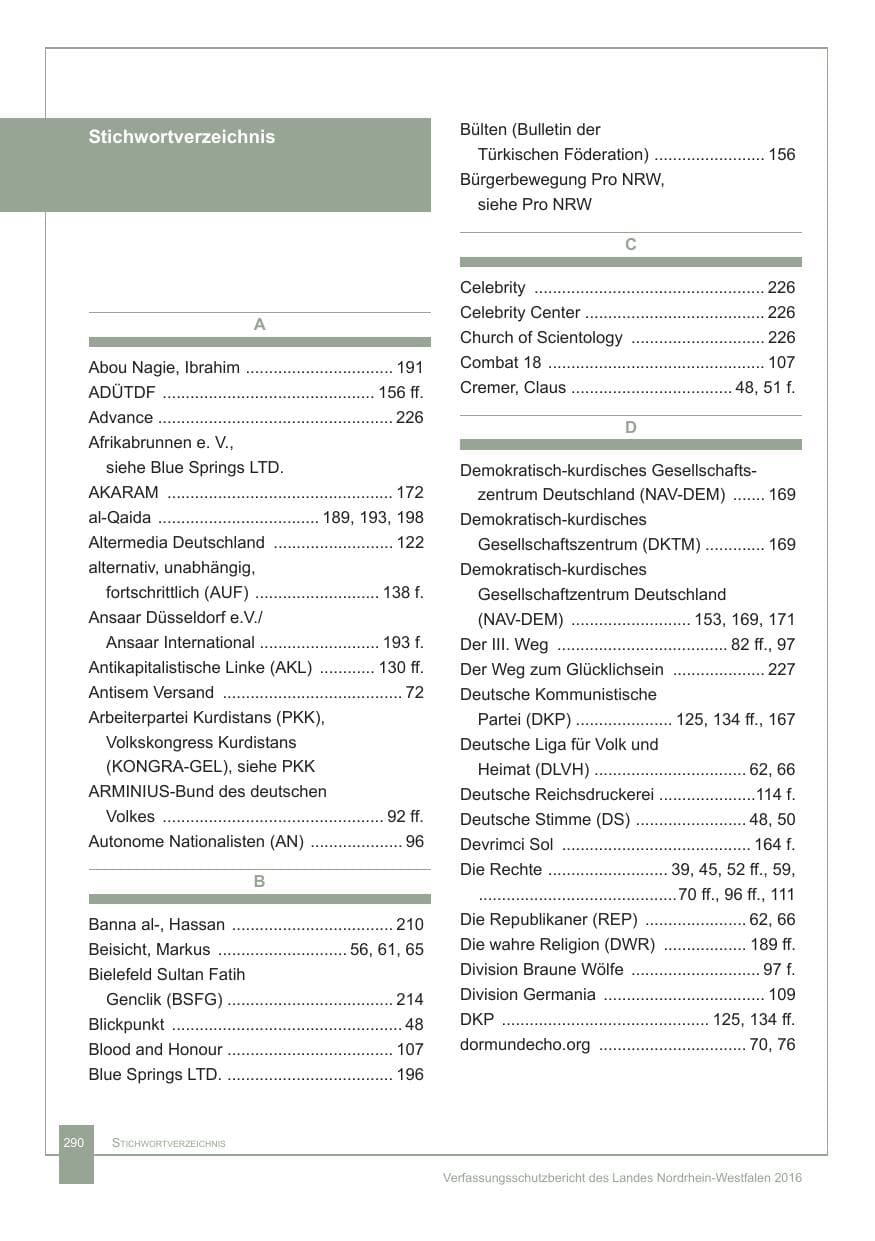Seite 291 des Verfassungsschutzbericht 2016 Nordrhein-Westfalen