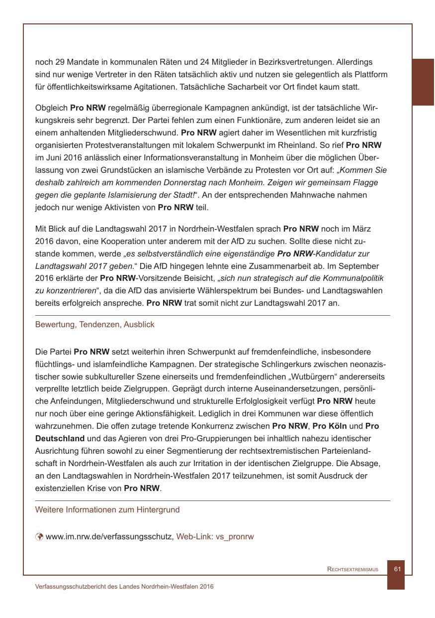 Seite 62 des Verfassungsschutzbericht 2016 Nordrhein-Westfalen
