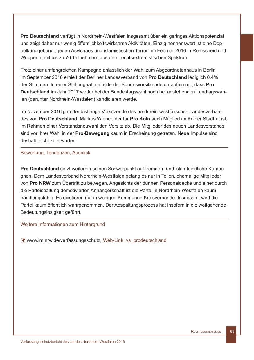 Seite 70 des Verfassungsschutzbericht 2016 Nordrhein-Westfalen