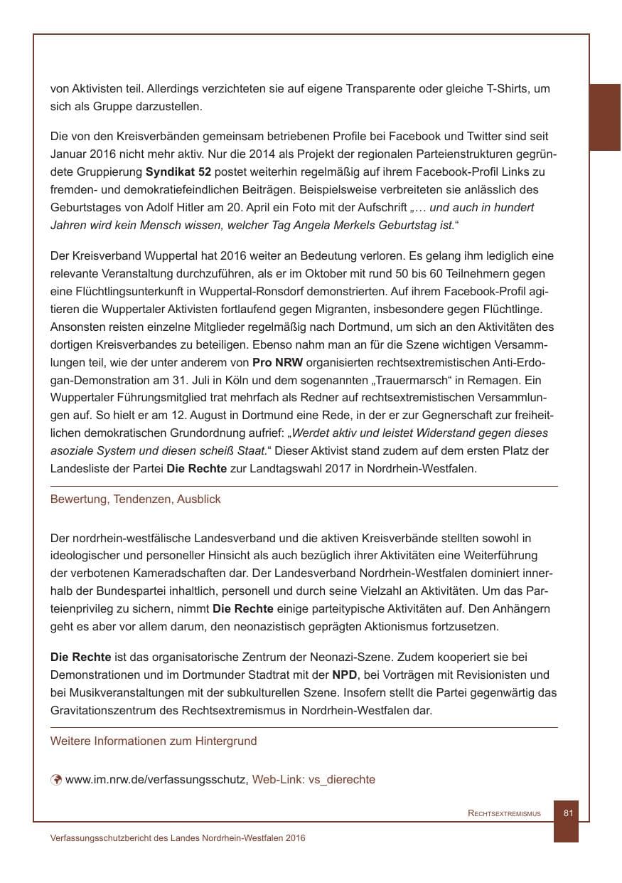 Seite 82 des Verfassungsschutzbericht 2016 Nordrhein-Westfalen