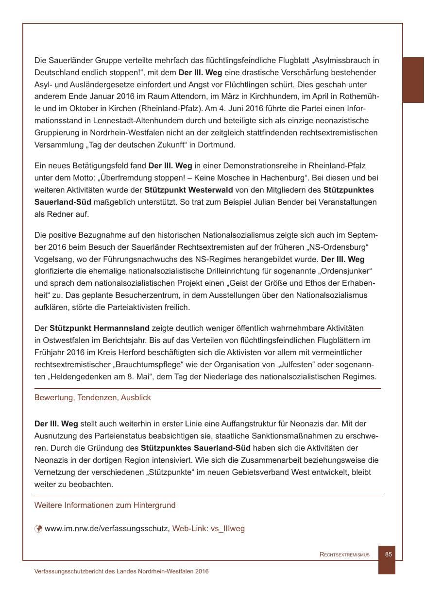Seite 86 des Verfassungsschutzbericht 2016 Nordrhein-Westfalen
