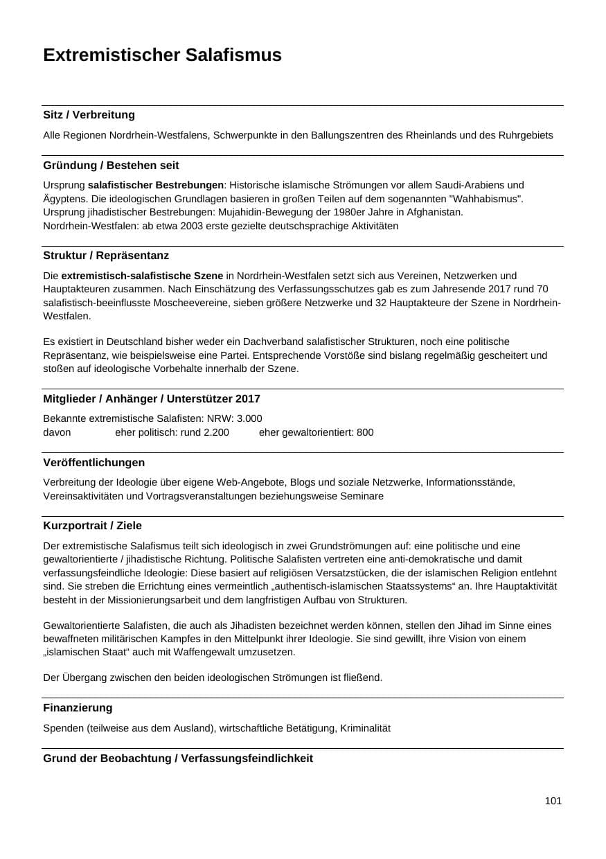 Seite 102 des Verfassungsschutzbericht 2017 Nordrhein-Westfalen