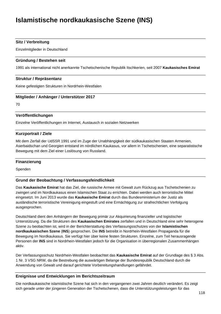 Seite 119 des Verfassungsschutzbericht 2017 Nordrhein-Westfalen