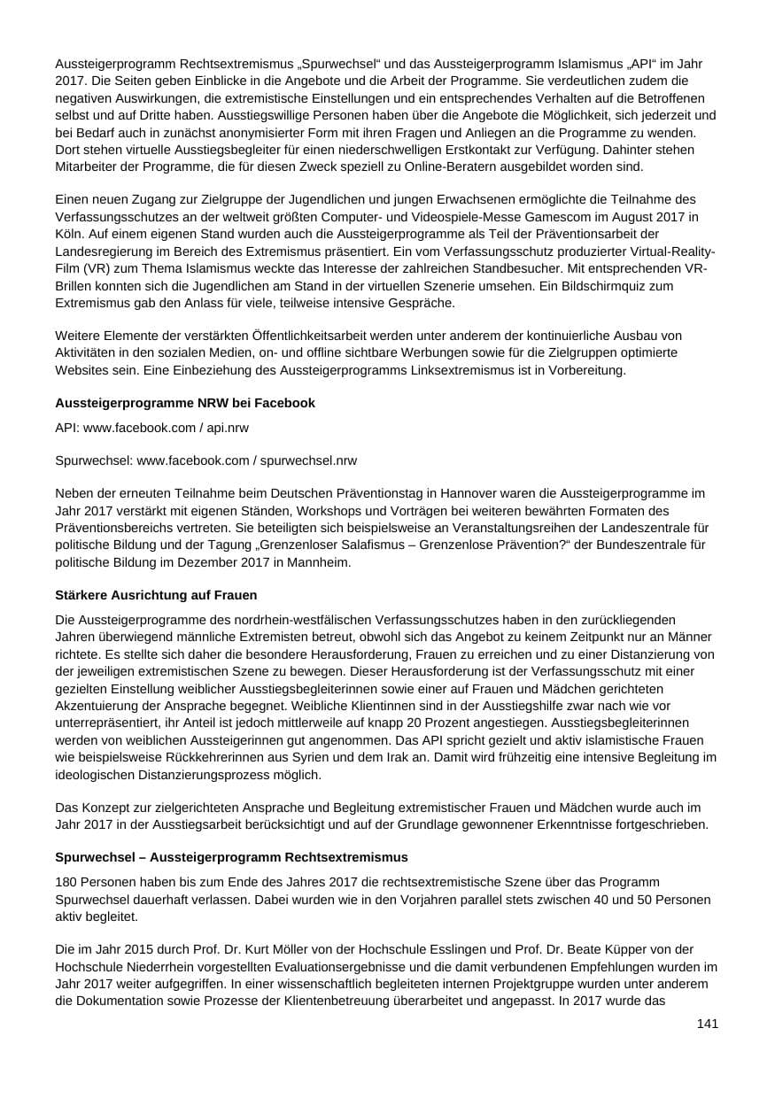 Seite 142 des Verfassungsschutzbericht 2017 Nordrhein-Westfalen