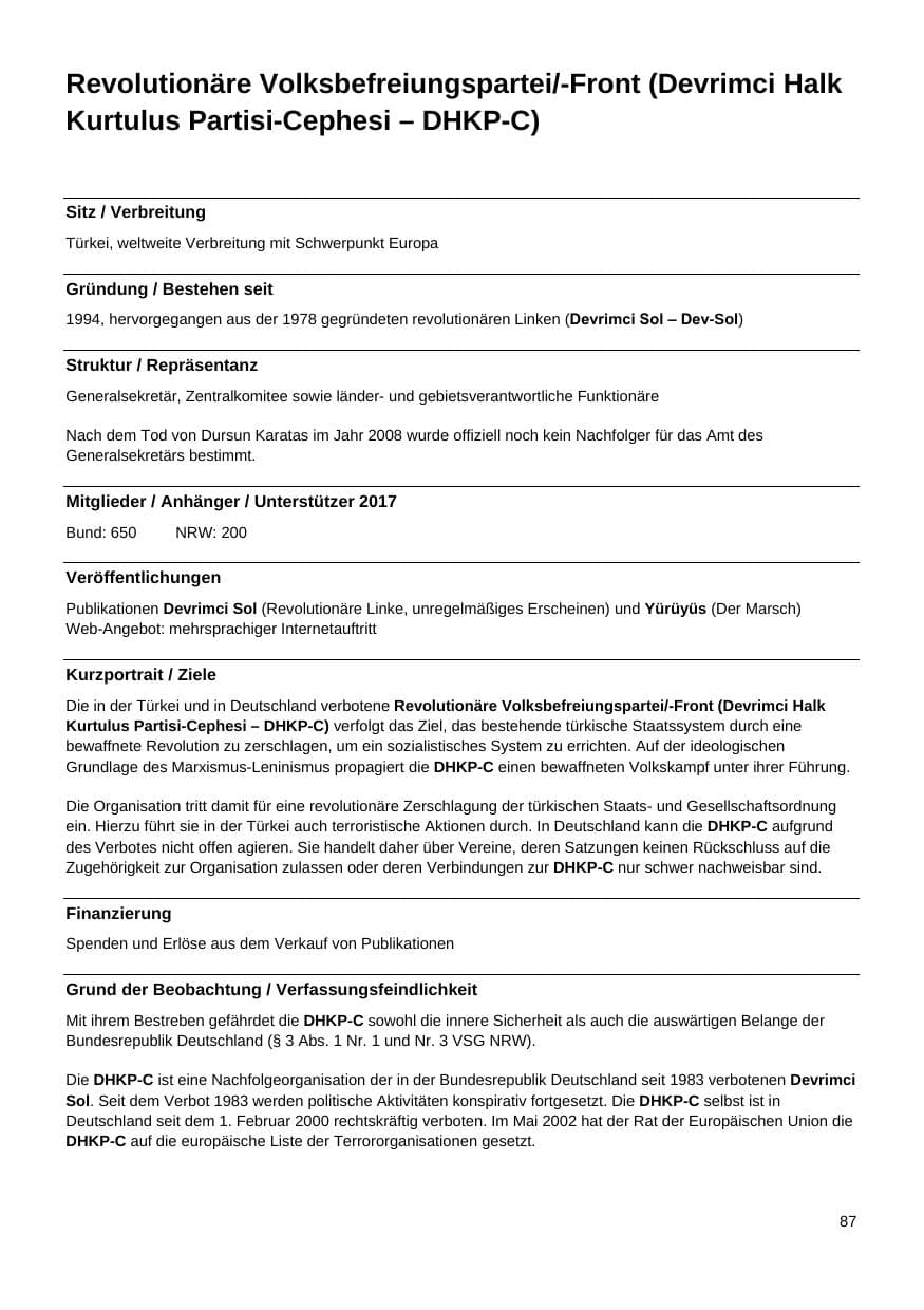 Seite 88 des Verfassungsschutzbericht 2017 Nordrhein-Westfalen
