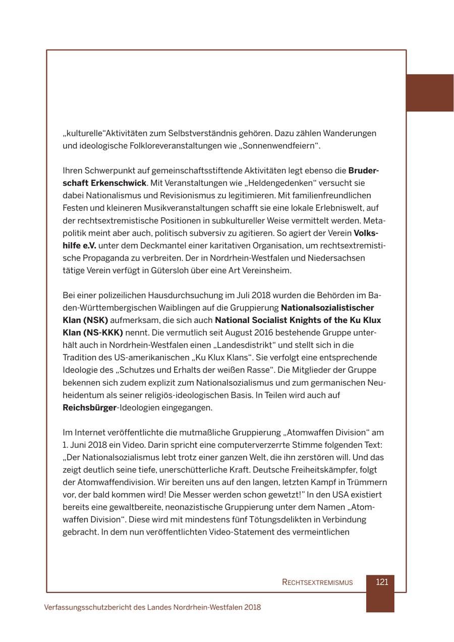 Seite 122 des Verfassungsschutzbericht 2018 Nordrhein-Westfalen