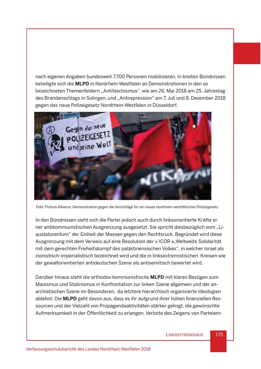Seite 176 des Verfassungsschutzbericht 2018 Nordrhein-Westfalen