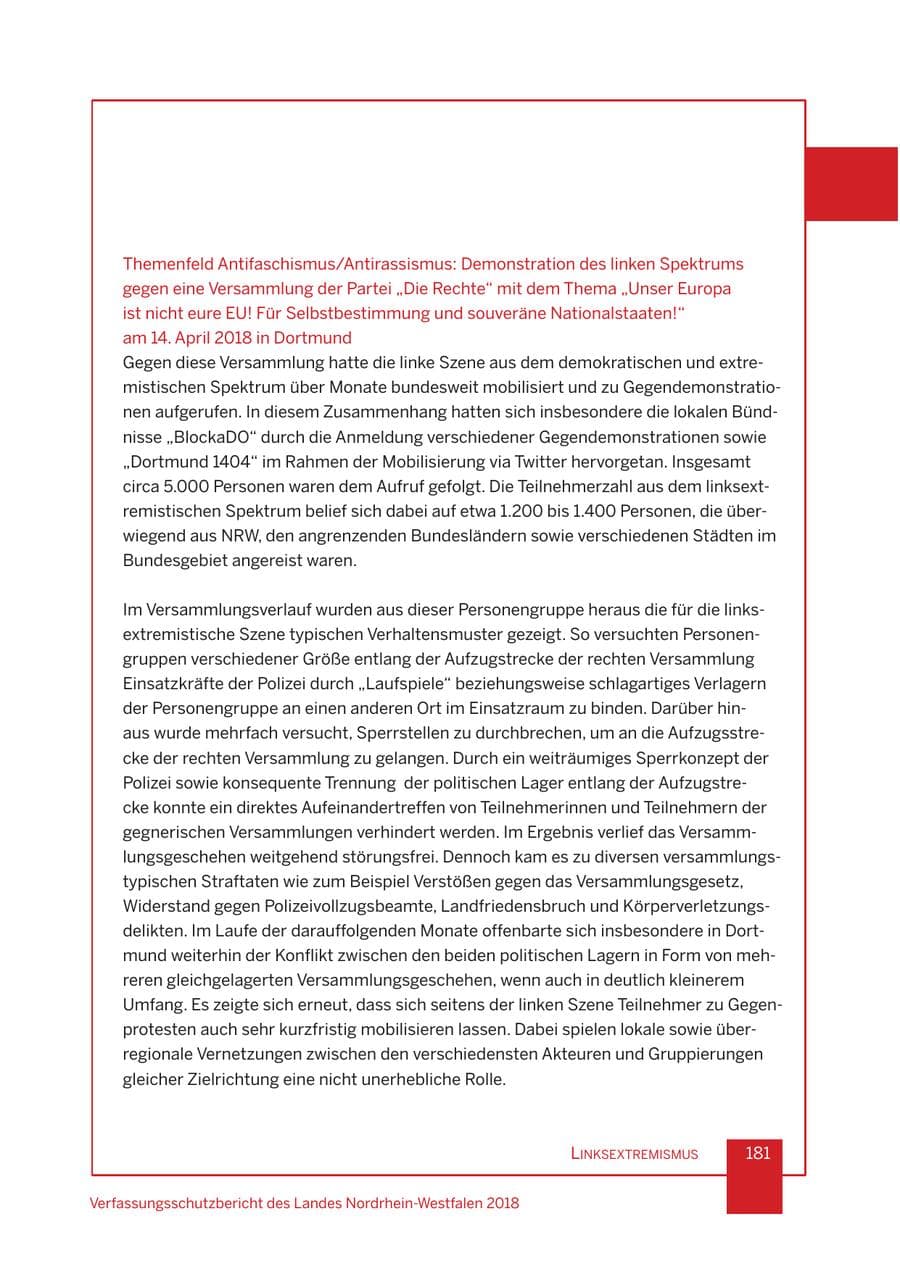 Seite 182 des Verfassungsschutzbericht 2018 Nordrhein-Westfalen