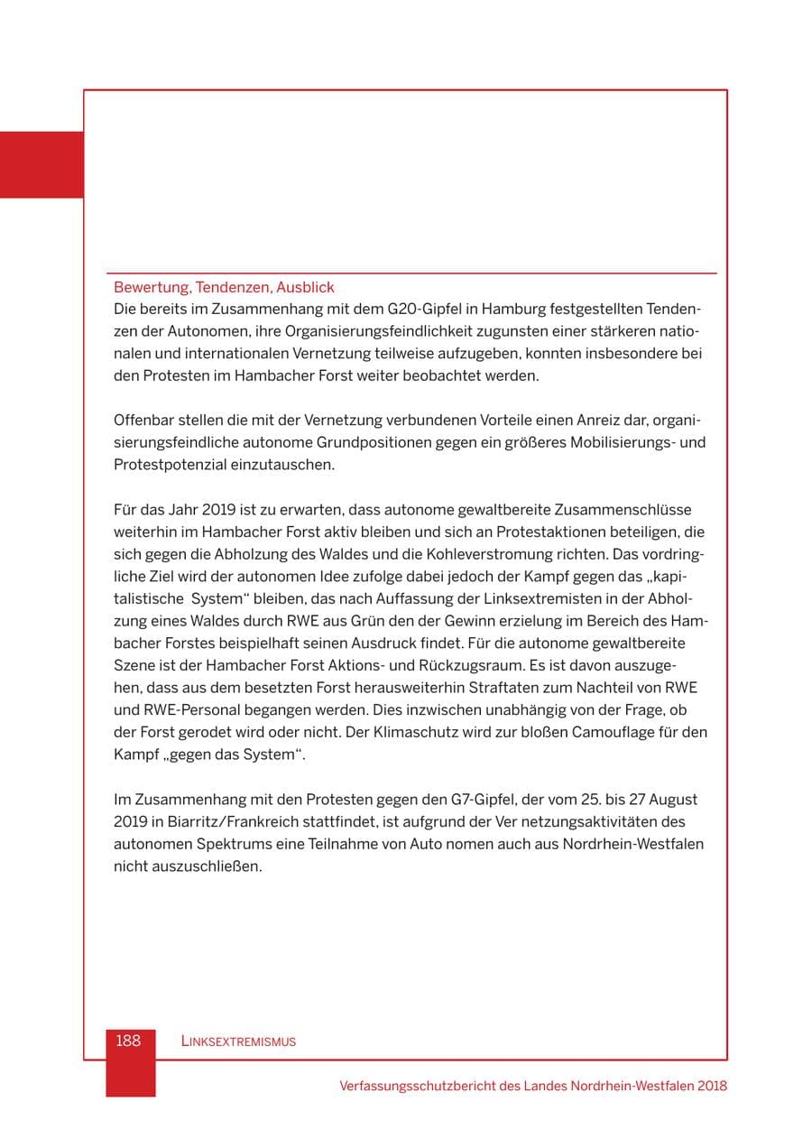 Seite 189 des Verfassungsschutzbericht 2018 Nordrhein-Westfalen