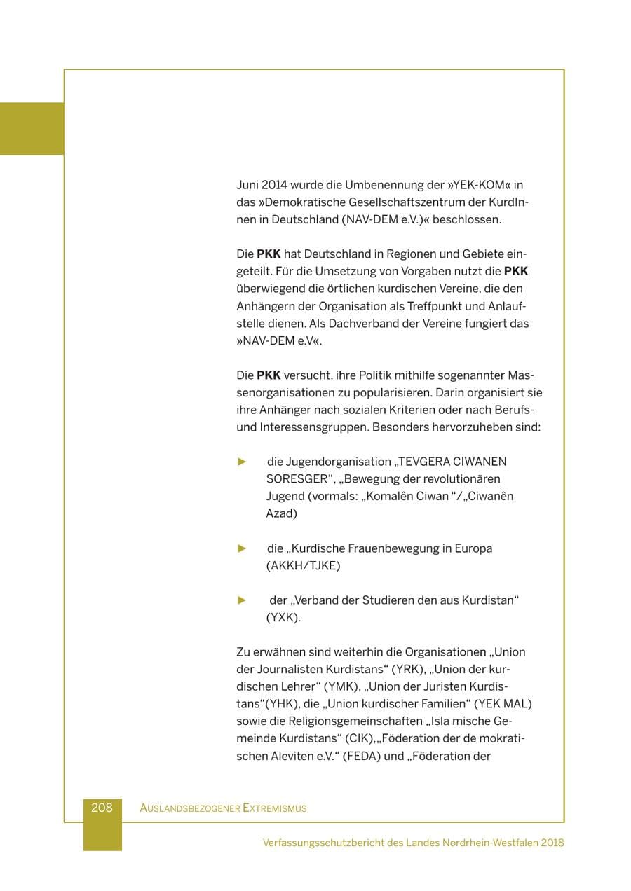 Seite 209 des Verfassungsschutzbericht 2018 Nordrhein-Westfalen