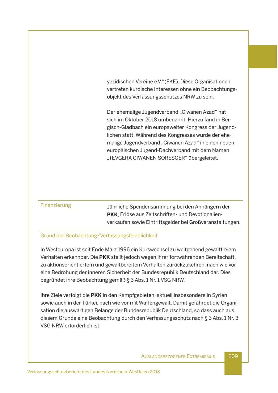 Seite 210 des Verfassungsschutzbericht 2018 Nordrhein-Westfalen