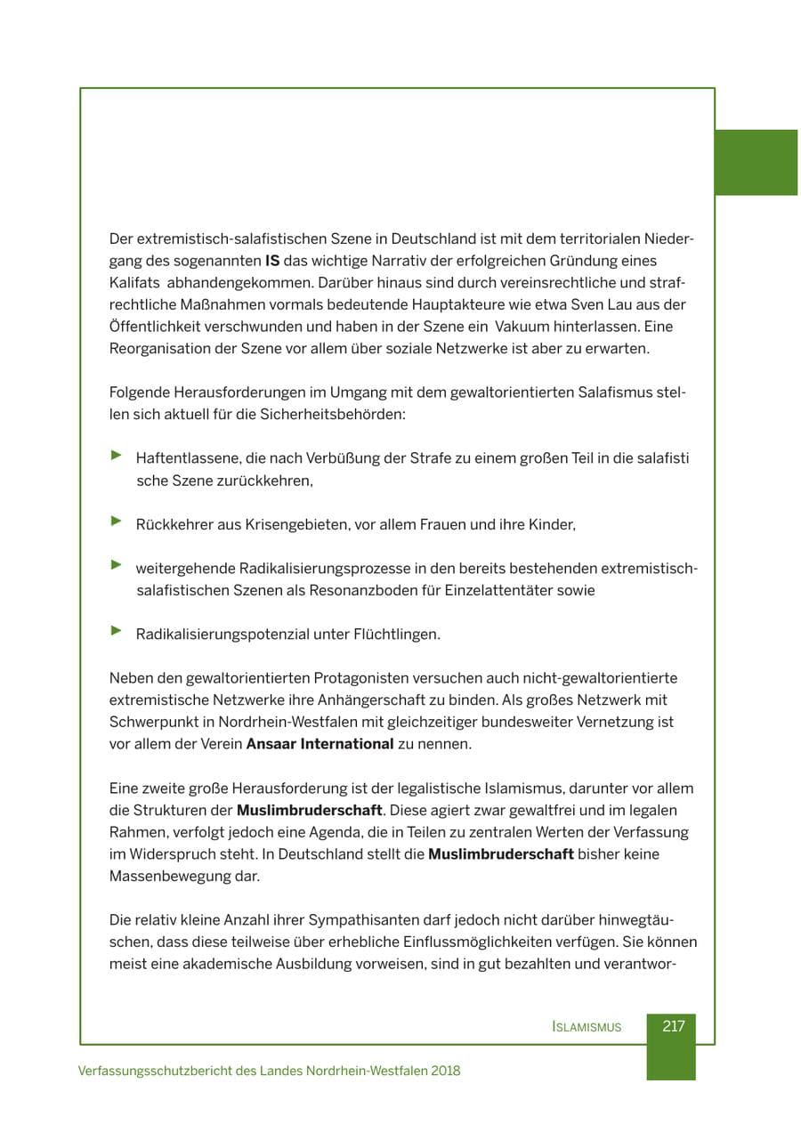 Seite 218 des Verfassungsschutzbericht 2018 Nordrhein-Westfalen