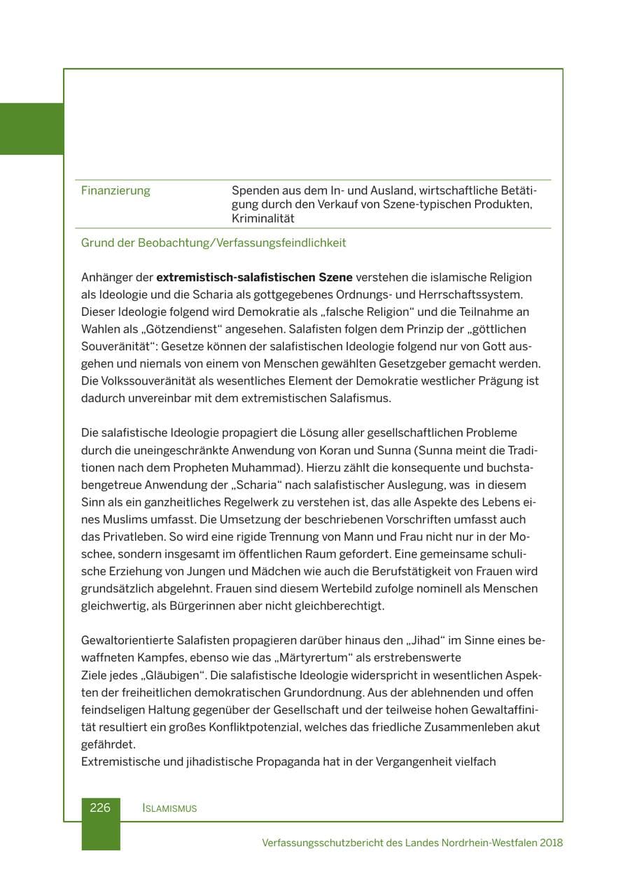 Seite 227 des Verfassungsschutzbericht 2018 Nordrhein-Westfalen