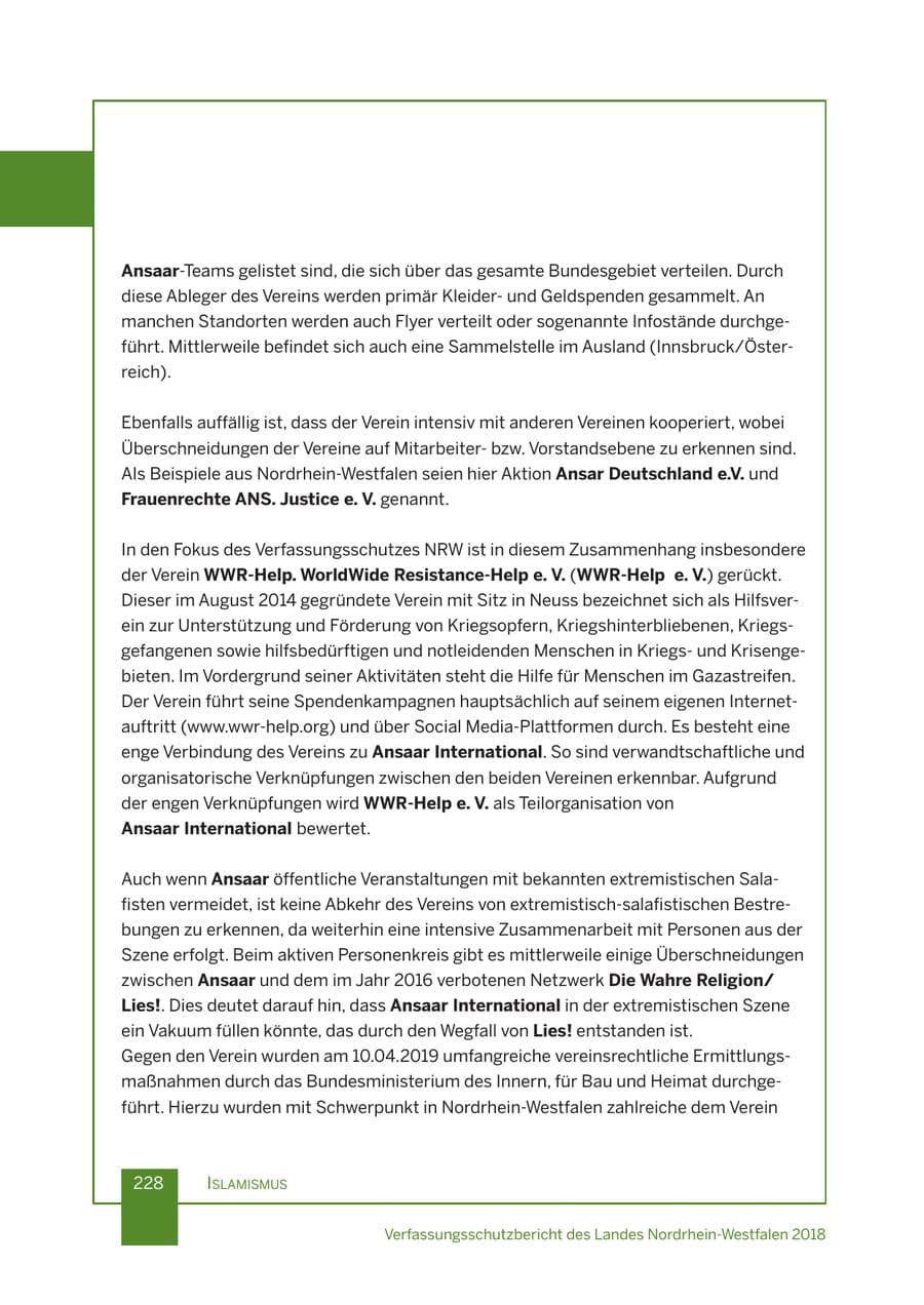Seite 229 des Verfassungsschutzbericht 2018 Nordrhein-Westfalen