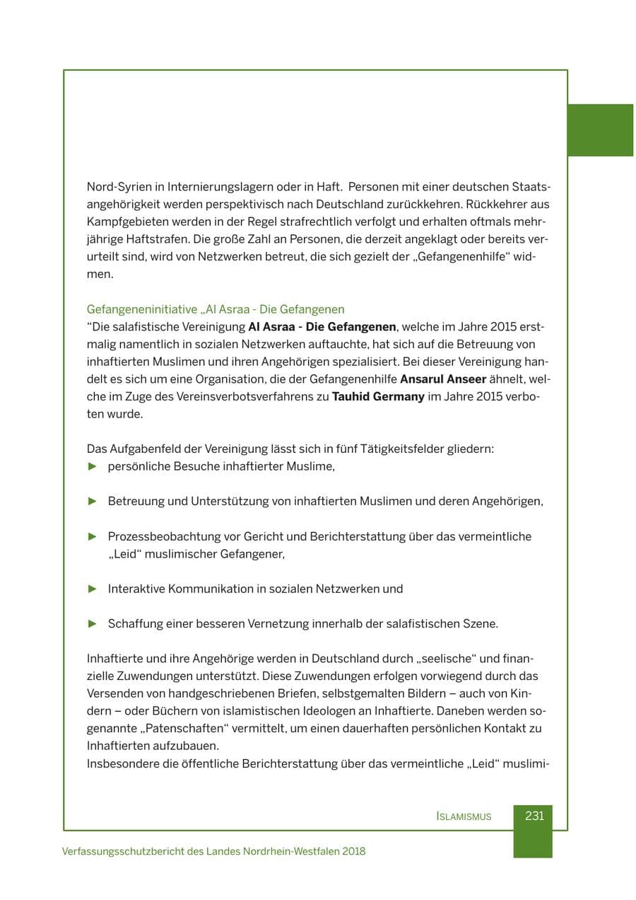 Seite 232 des Verfassungsschutzbericht 2018 Nordrhein-Westfalen