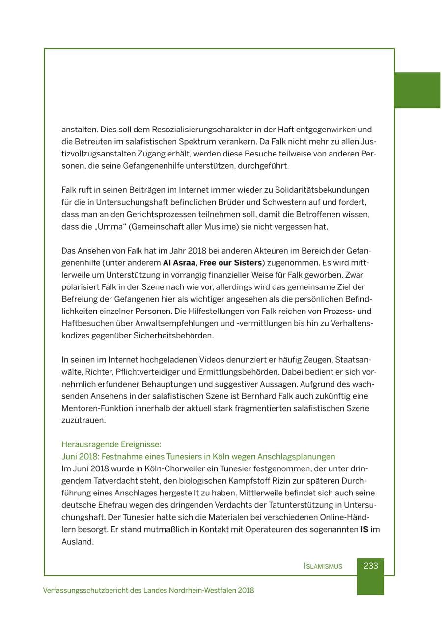 Seite 234 des Verfassungsschutzbericht 2018 Nordrhein-Westfalen