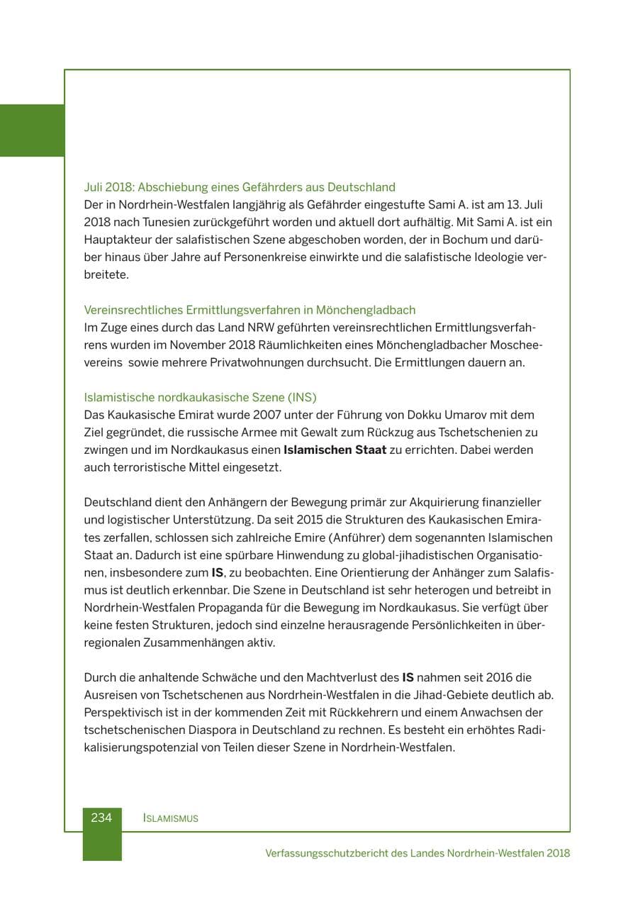 Seite 235 des Verfassungsschutzbericht 2018 Nordrhein-Westfalen