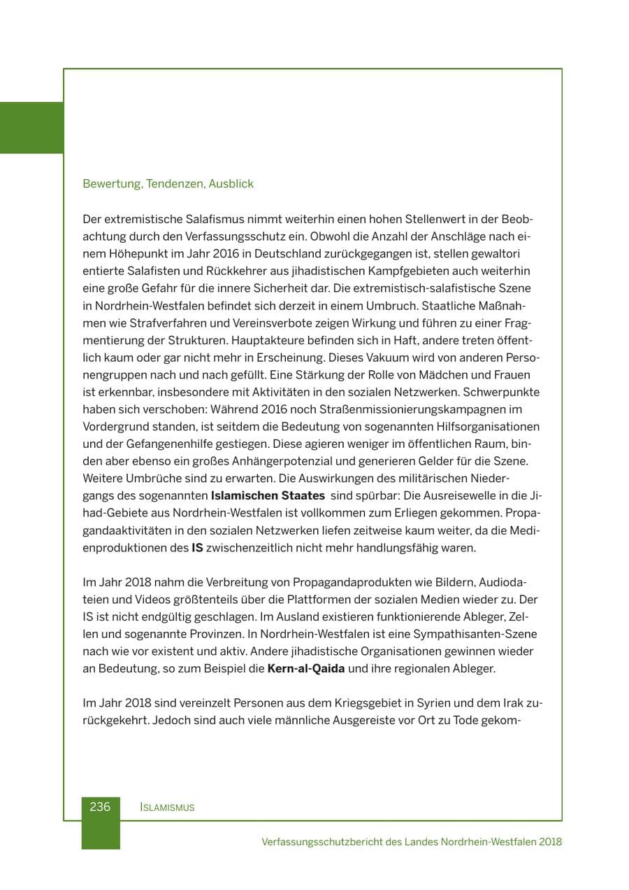 Seite 237 des Verfassungsschutzbericht 2018 Nordrhein-Westfalen