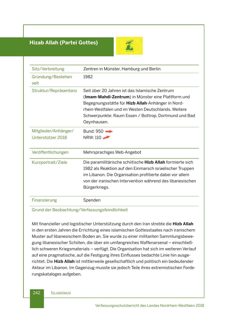 Seite 243 des Verfassungsschutzbericht 2018 Nordrhein-Westfalen
