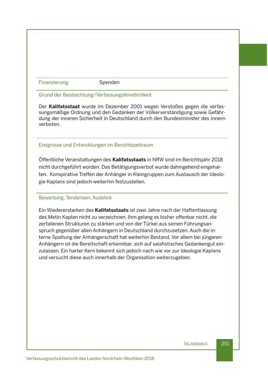 Seite 252 des Verfassungsschutzbericht 2018 Nordrhein-Westfalen