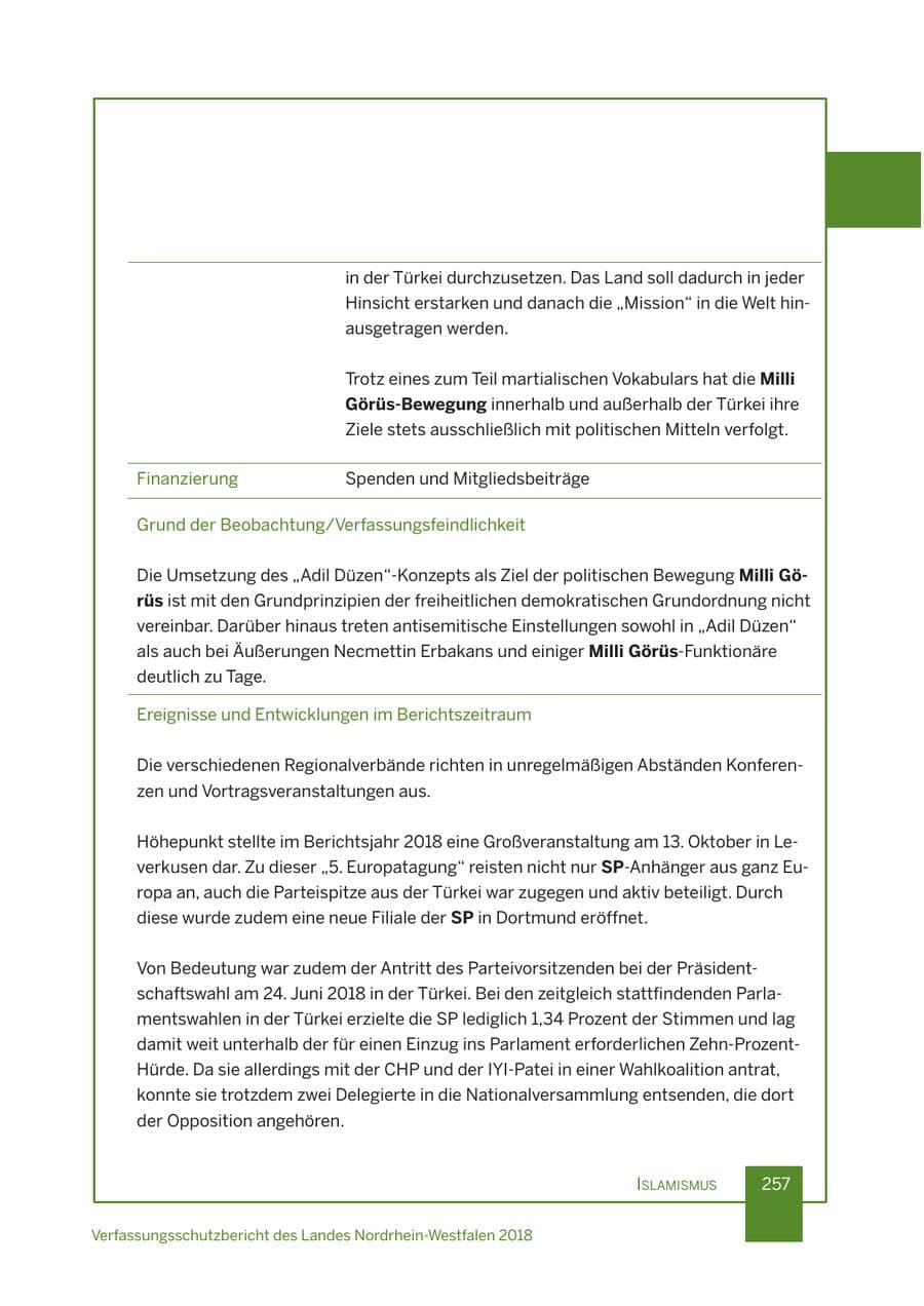 Seite 258 des Verfassungsschutzbericht 2018 Nordrhein-Westfalen