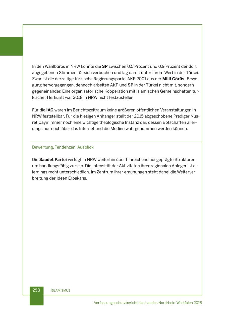 Seite 259 des Verfassungsschutzbericht 2018 Nordrhein-Westfalen