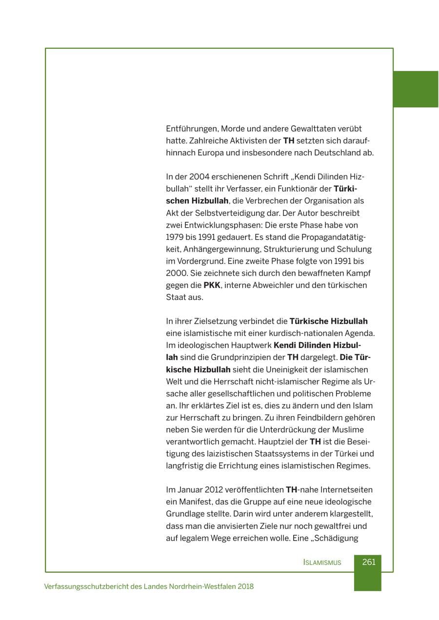 Seite 262 des Verfassungsschutzbericht 2018 Nordrhein-Westfalen