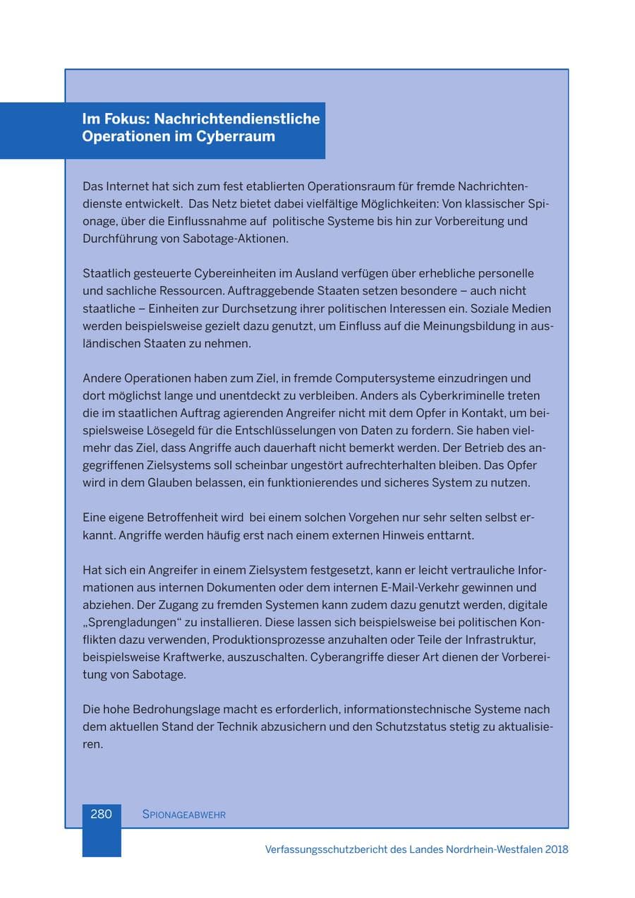 Seite 281 des Verfassungsschutzbericht 2018 Nordrhein-Westfalen
