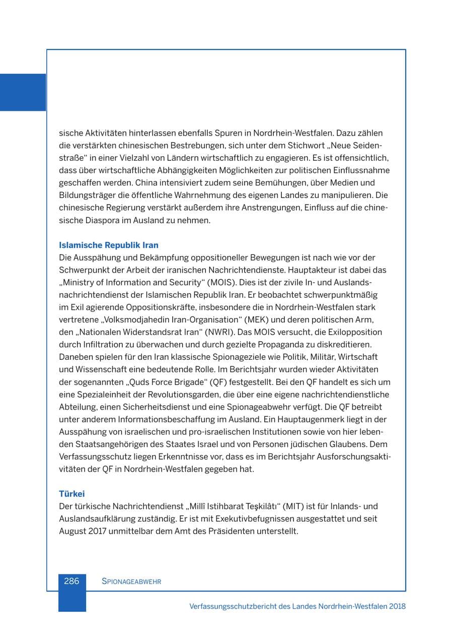 Seite 287 des Verfassungsschutzbericht 2018 Nordrhein-Westfalen
